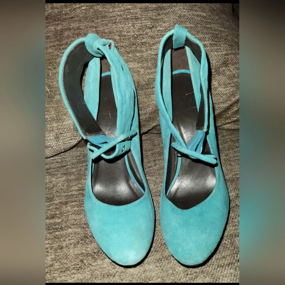 Diane Von Furstenberg Teal Suede Wedge Heels Sz 7 - Picture 1 of 9